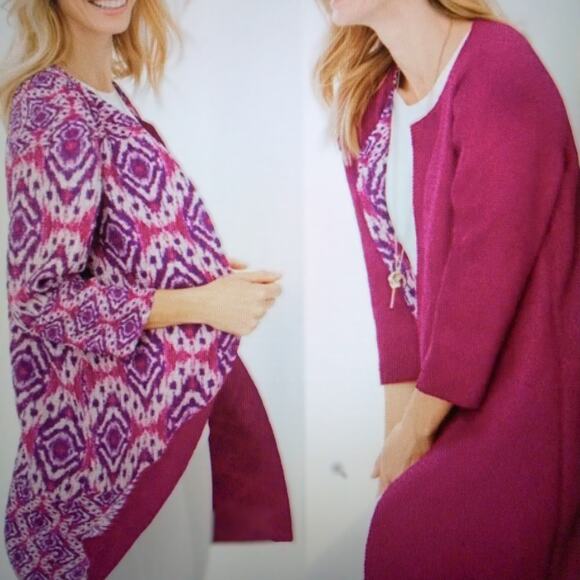 Chicos Traveler Crushed Reversible Jacket Ikat Open Front Vibrant Solid or Print - Picture 4 of 12